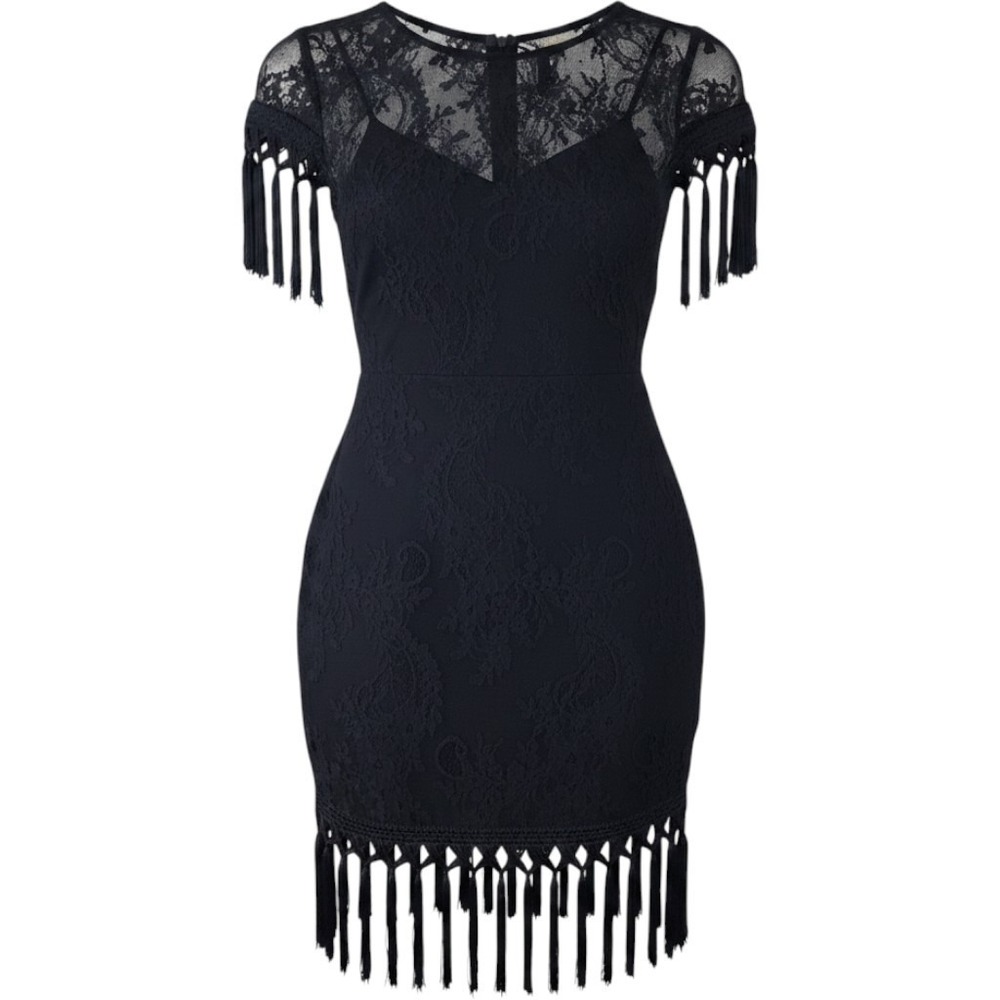 Venus Women's Black Lace Fringe Dress Size 2 Cocktail Flapper Gatsby LBD Party
